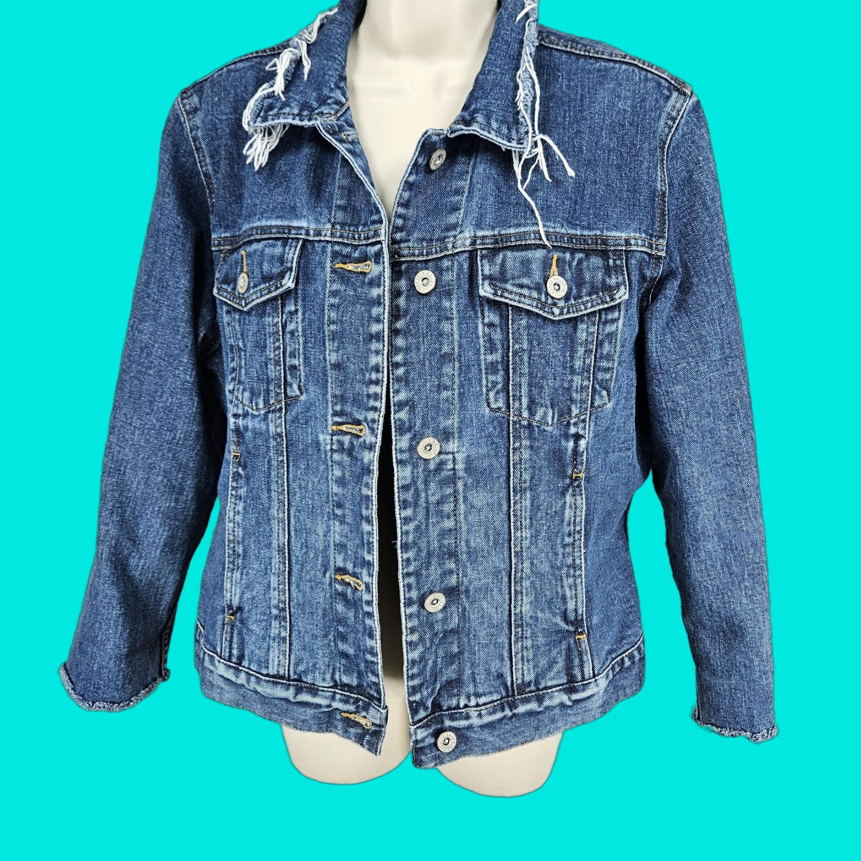 Eddie Bauer Eddie Bauer Denim Jacket Blue 100% Cotton Buttoned Raw Hem Distressed Short Sleeve Women S Regular Jacket Size 28" / US 6 / IT 42 - 1 Thumbnail