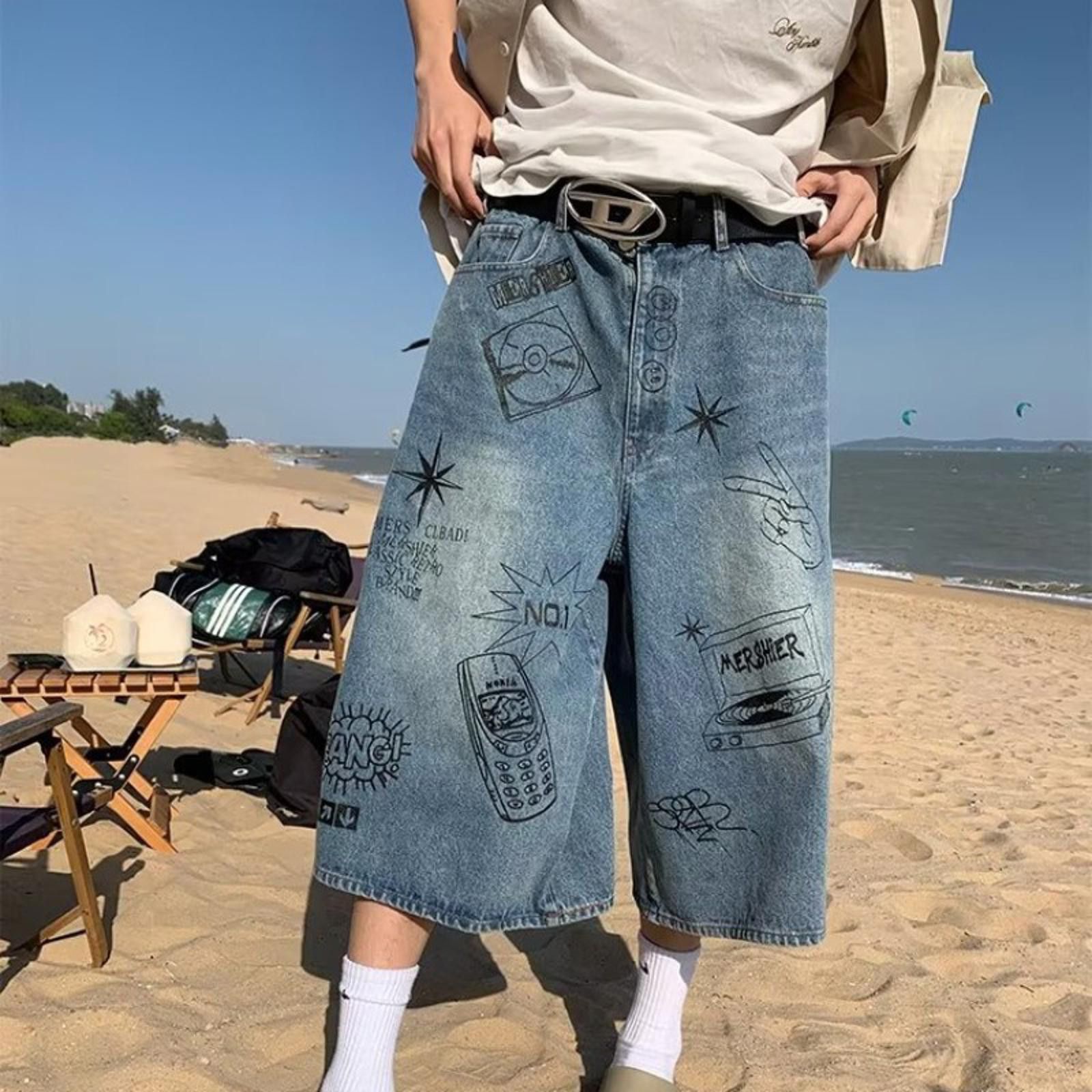 Graffiti Graphic Wide-Leg Denim Shorts