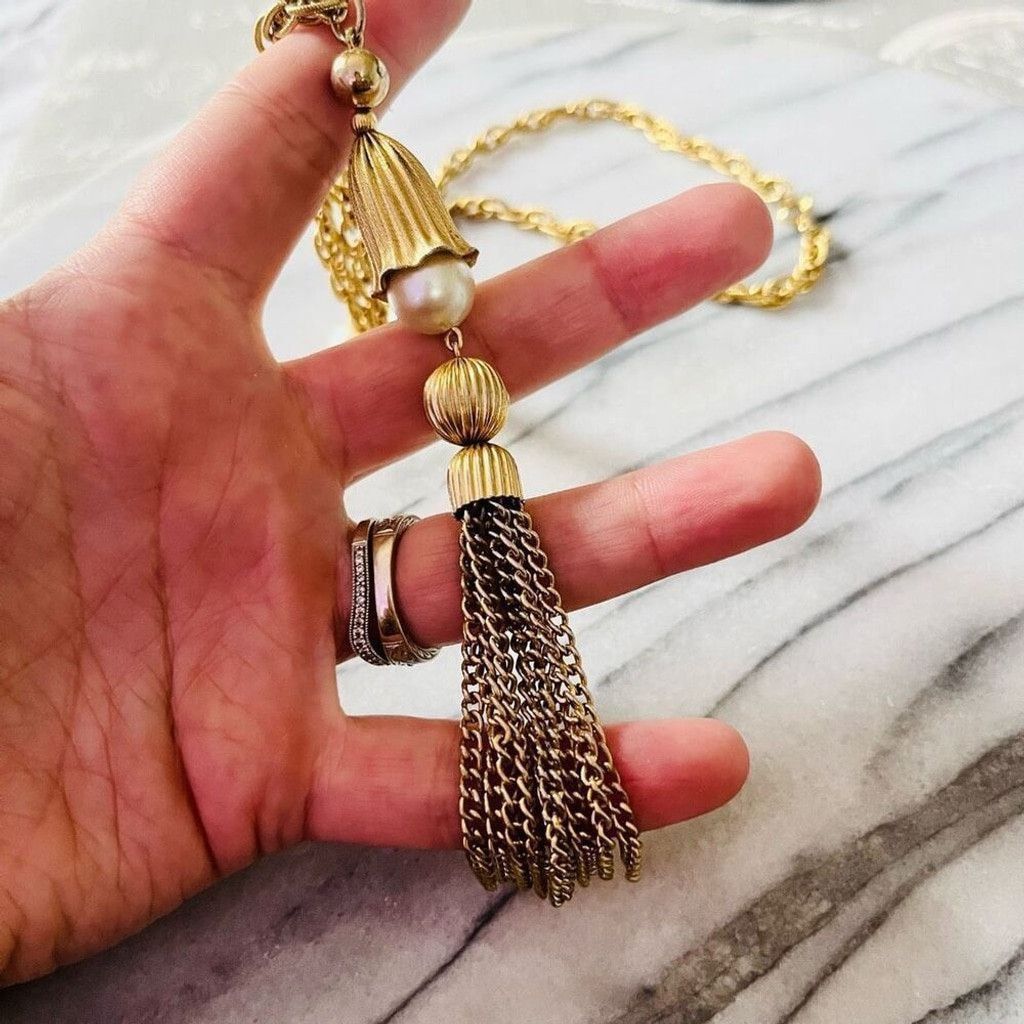 Vintage Vintage Tassel Chain Necklace Faux Pearl Beads Gold Size ONE SIZE - 5 Thumbnail