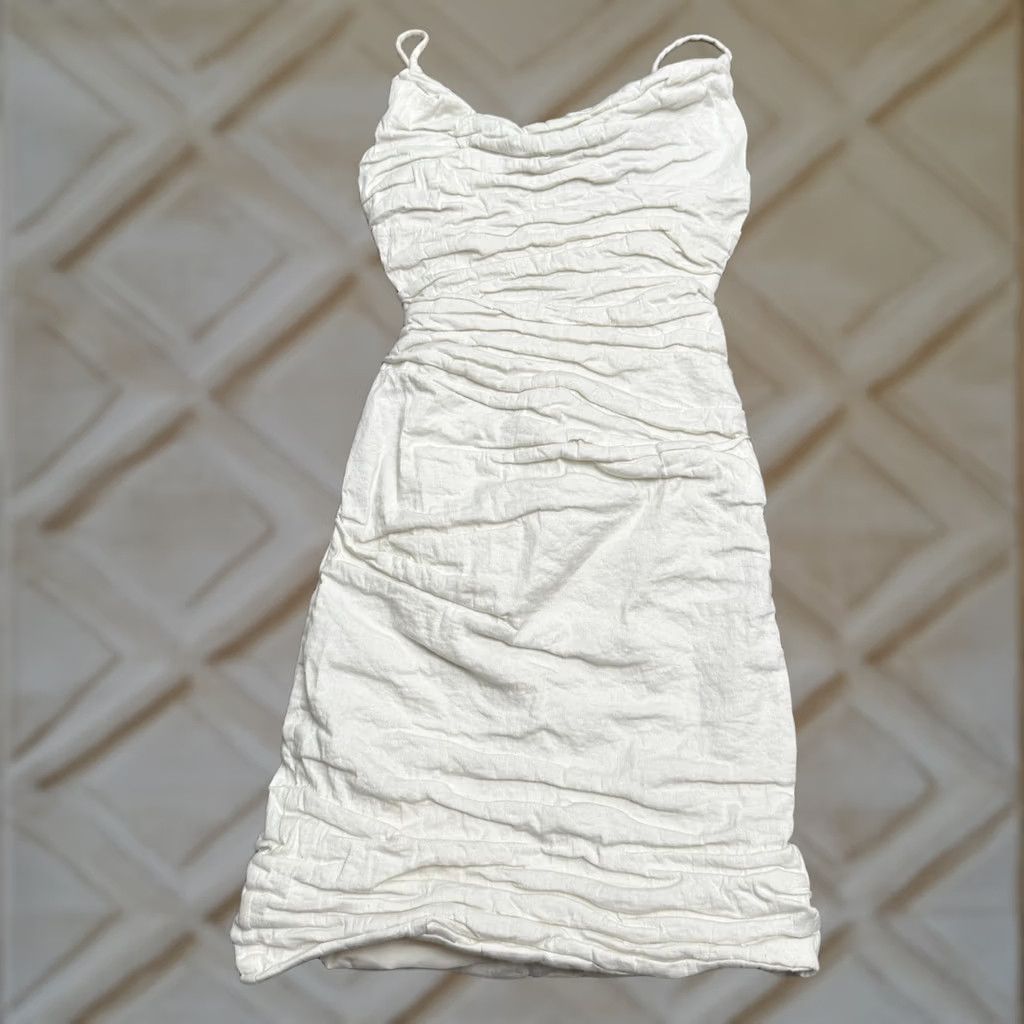 Nicole Miller VINTAGE Nicole Miller Metallic Shimmer Ruched Bodycon Mini Dress Womens 2 White Cotton Blend Ruched Lined Short Dress - Size XS / US 0-2 / IT 36-38 - 1 Thumbnail