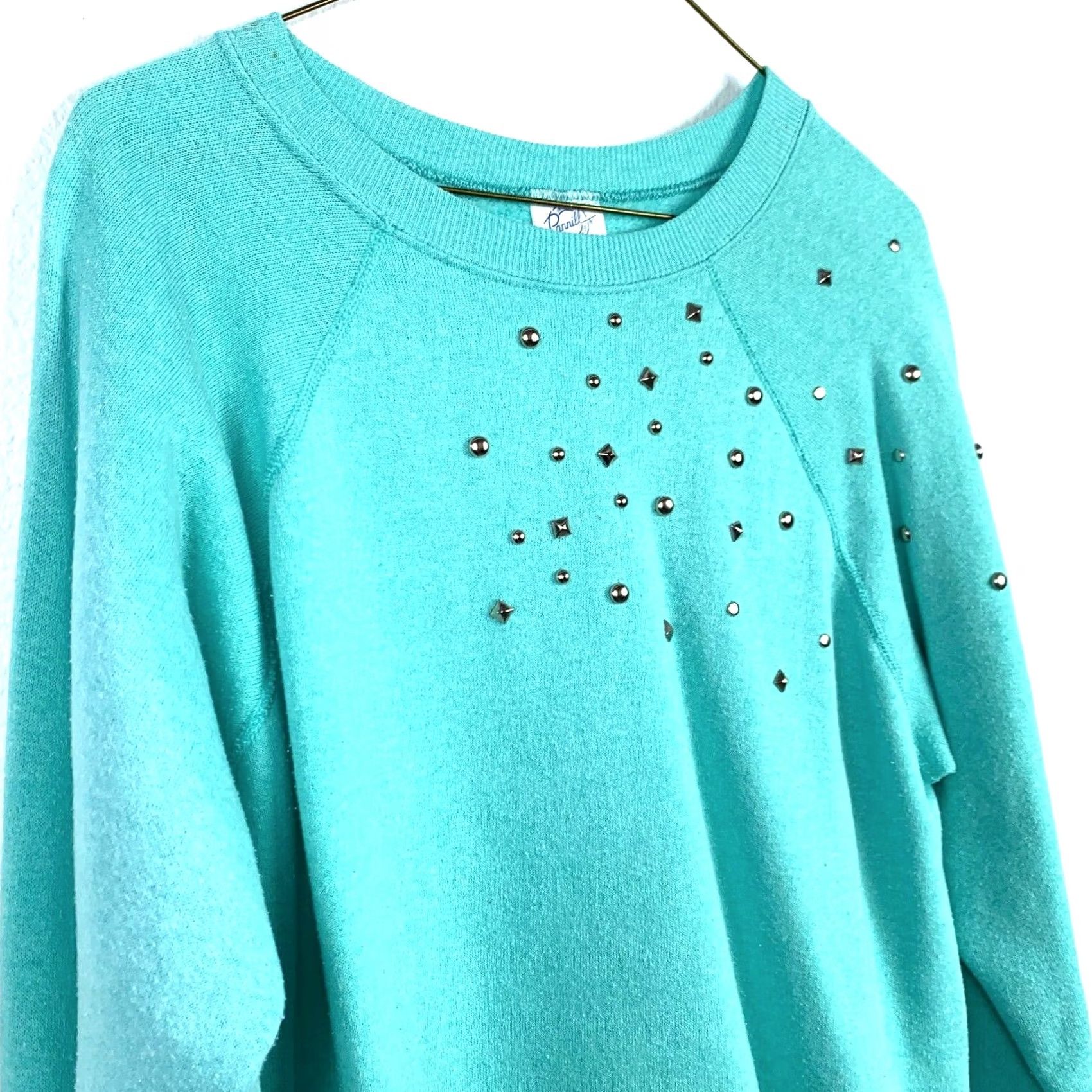 AQUA VINTAGE Pannill Silver Studded Aqua Blue Crew Sweatshirt Size Large Womens Sweatshirt Pullover Long Sleeve 50% Cotton 50% Polyester USA Made Size L / US 10 / IT 46 - 2 Thumbnail