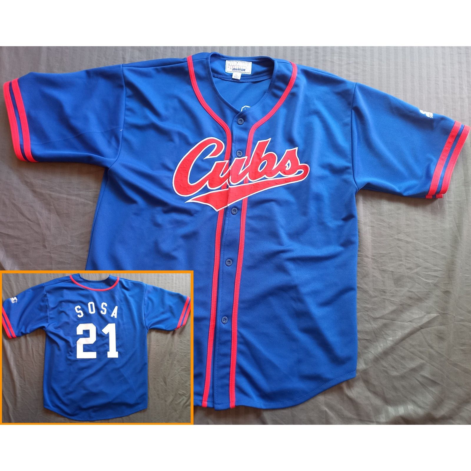 Sammy SOSA #21 Chicago Cubs sold 90s script STARTER jersey L blue MLB vtg