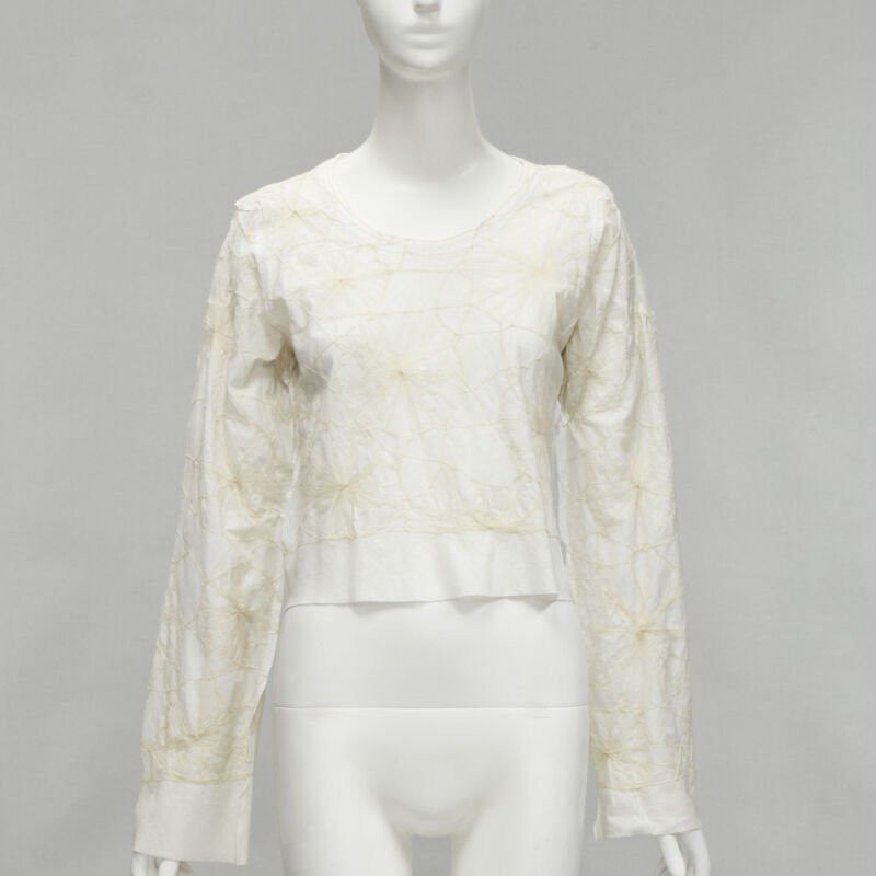 rare COMME DES GARCONS Vintage white linen floral web embroidery crop top S