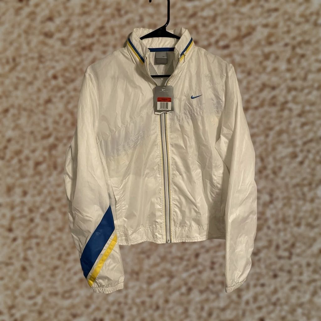 Nike VINTAGE Nike Windbreaker Jacket Women's L White Yellow Blue 107359 Zip Hooded New Size L / US 10 / IT 46 - 1 Thumbnail