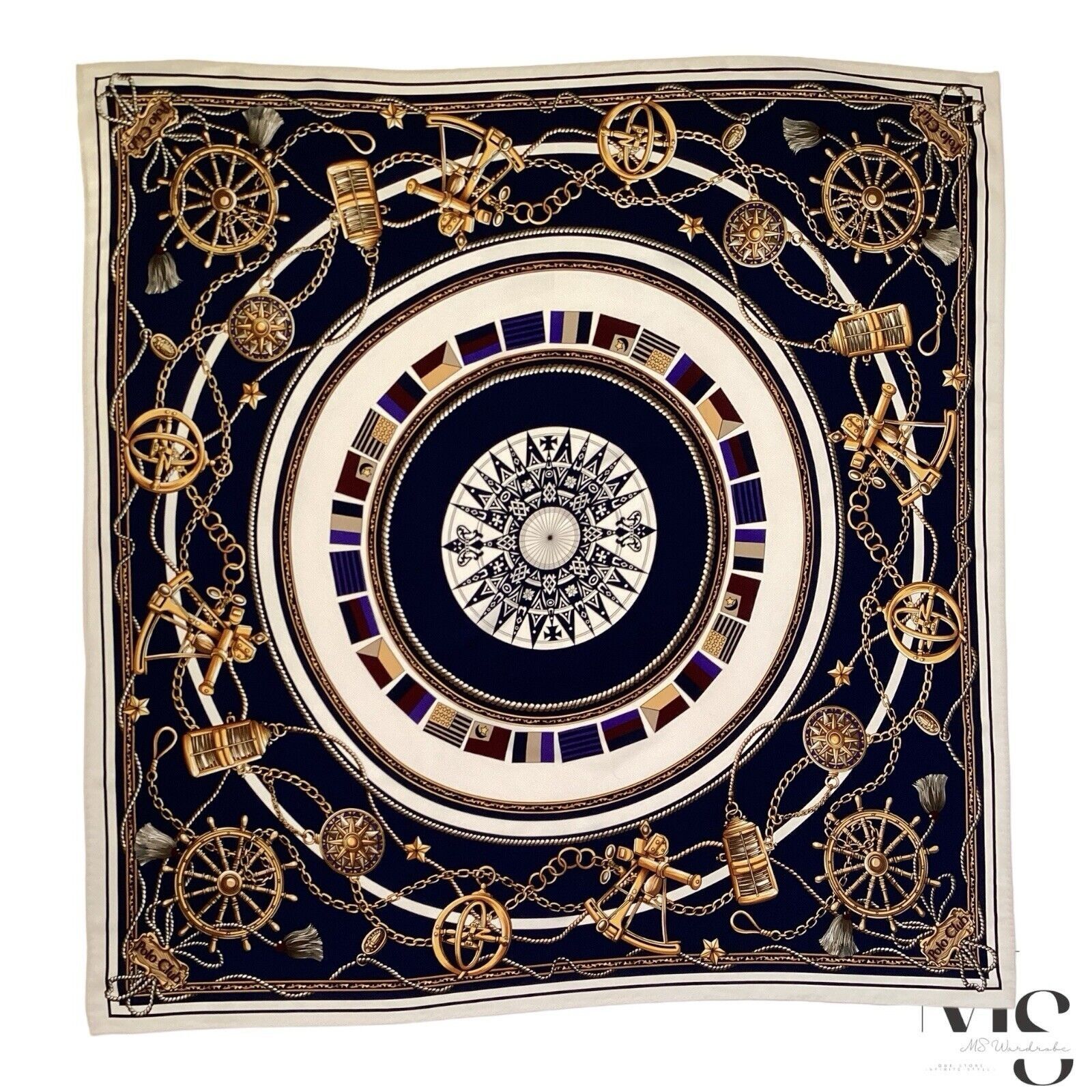 Other POLO CLUB Blue Navy Nautical Print Silk Scarf 35"- 34’’ E C Size ONE SIZE - 1 Thumbnail