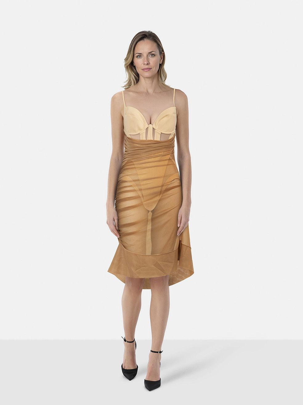 Mugler Beige Sheer Draped Corset Dress