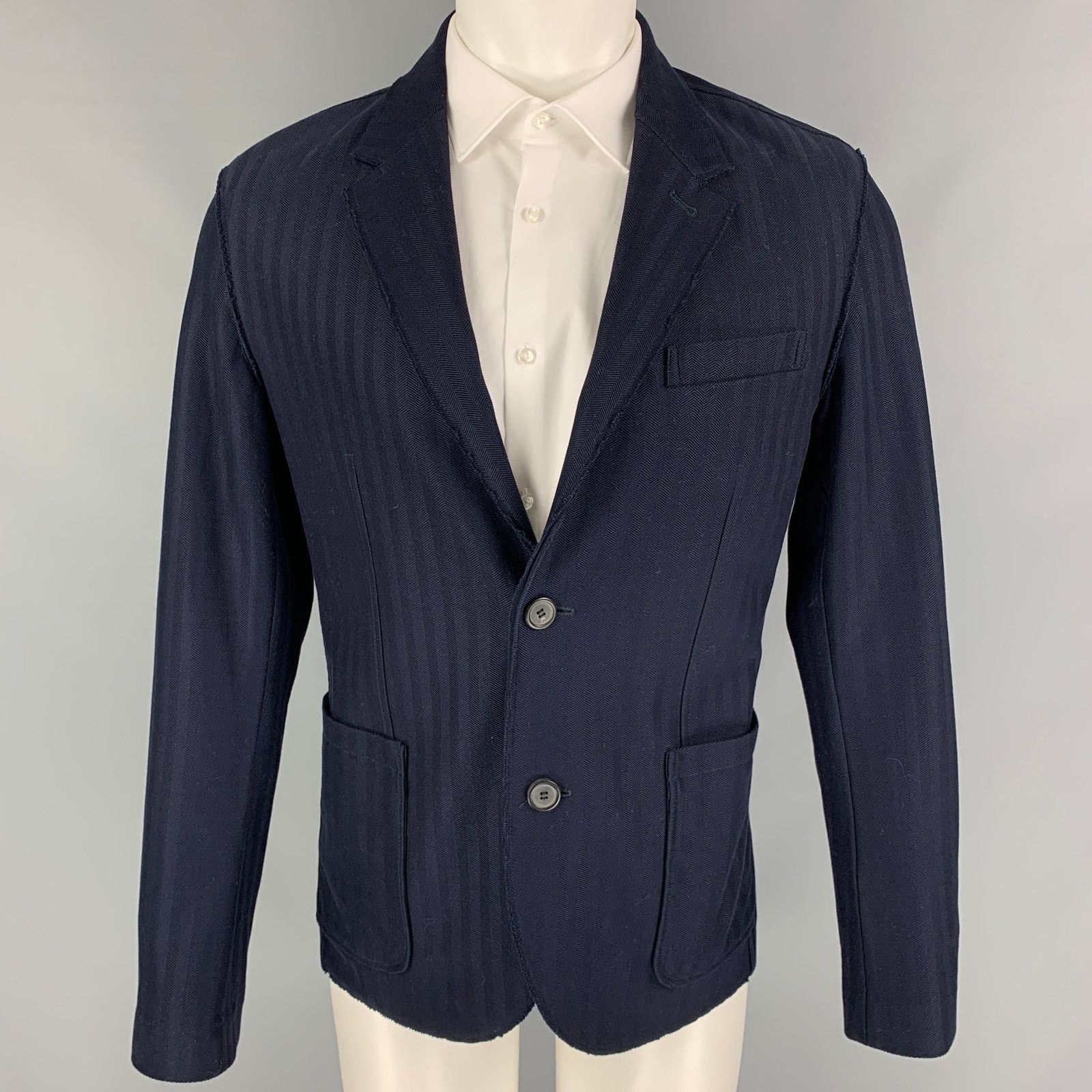 Lanvin Size 42 Navy Herringbone Cotton Notch Lapel Sport Coat Size 42R - 1 Thumbnail