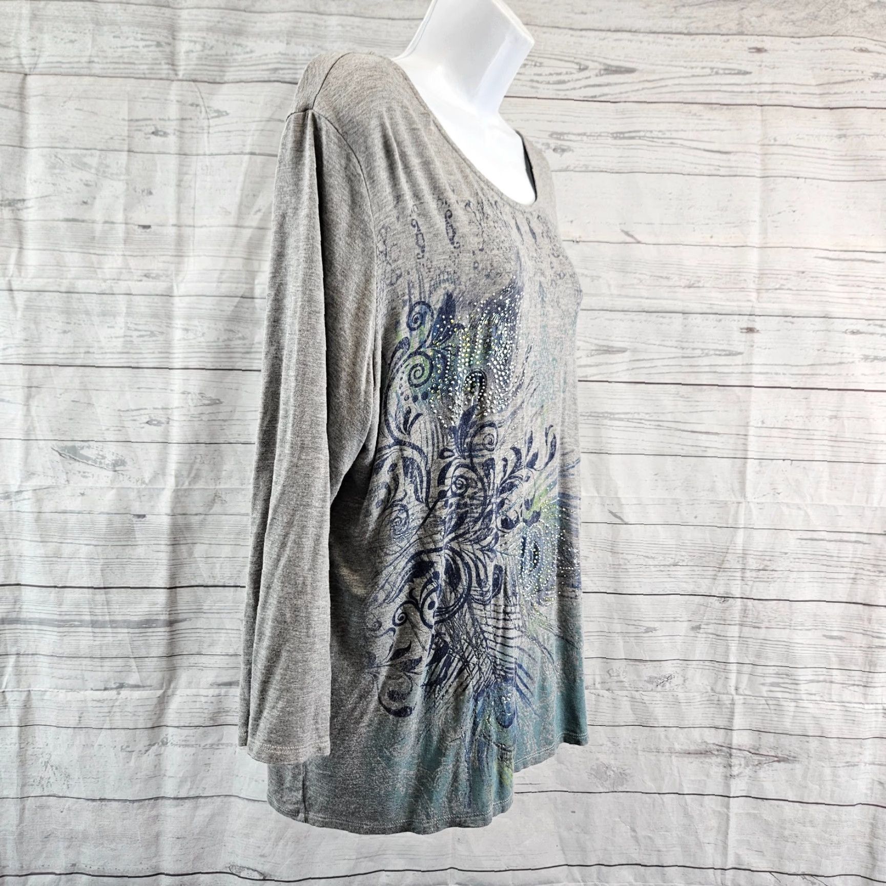 Vintage Chicos Zenergy Womens Top Sz Large Gray Blue Embellished 3/4 Sleeve Rayon Spandex Shirt Womens L Gray Blue Zenergy Size L / US 10 / IT 46 - 3 Thumbnail