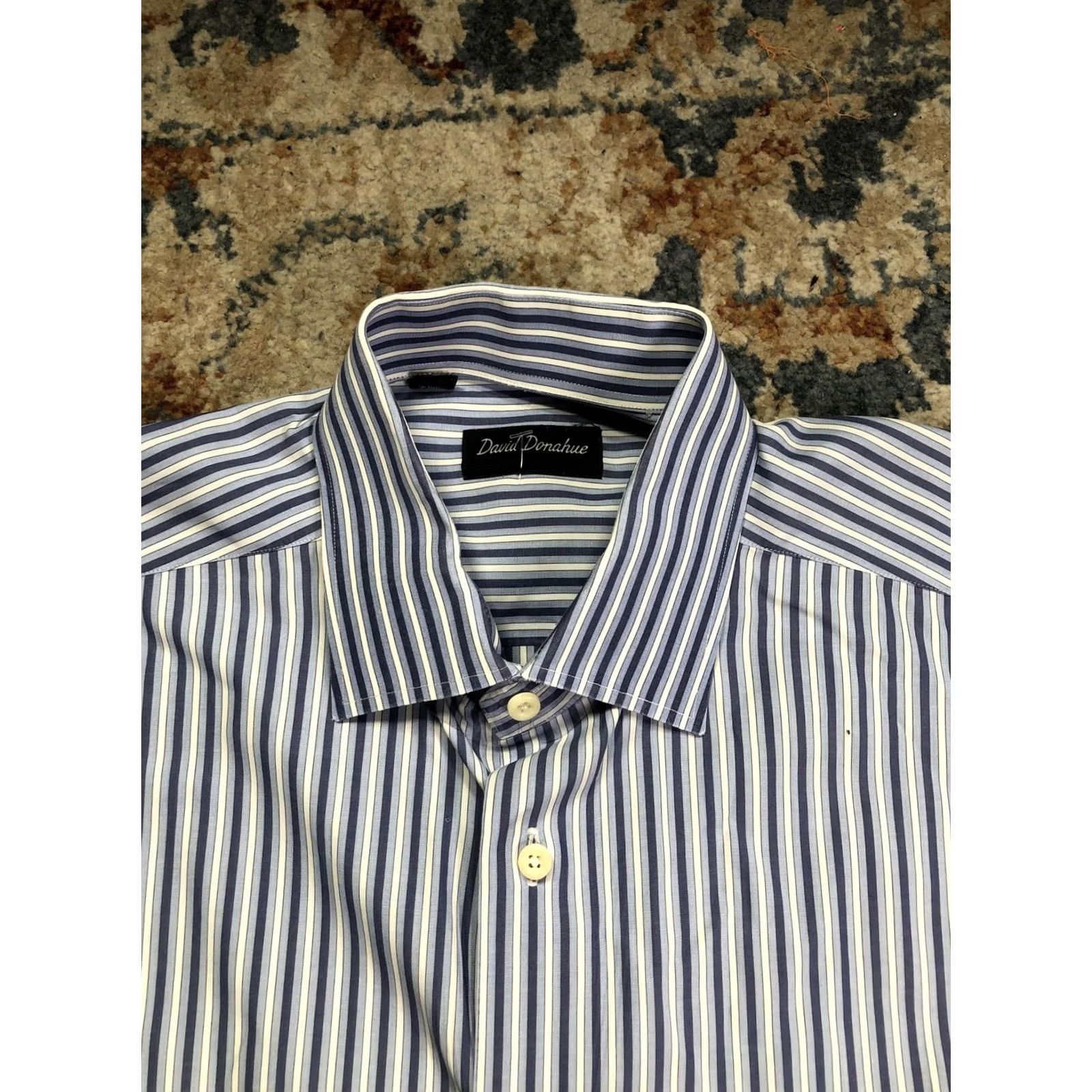 David Donahue David Donahue Dress Shirt Mens 16.5 32/33 Blue Stripe Long Sleeve Regular Fit Size 46R - 2 Thumbnail