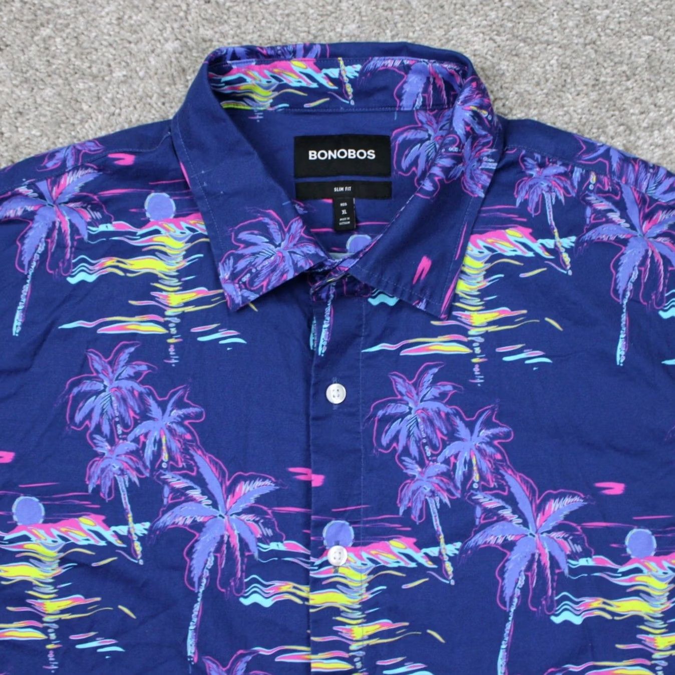Bonobos Bonobos Slim Fit Button-Up Shirt Mens XL Purple Palm Trees Floral Short Sleeve Cotton Nylon Stretch Casual Travel Button-Down Size US XL / EU 56 / 4 - 5 Thumbnail