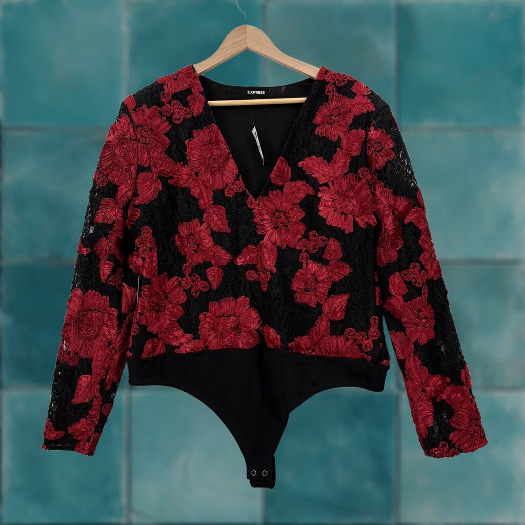 Express Express Bodysuit Womens XL Red Lace Floral Long Sleeve V Neck Embroidered NWT Size XL / US 12-14 / IT 48-50 - 1 Thumbnail