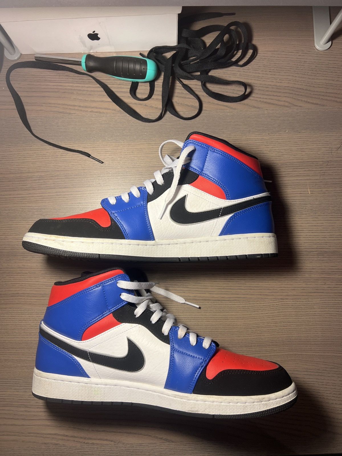 image of Jordan Brand 1 Mid “Top 3” Shoes in Blue White Red, Men's (Size 13)