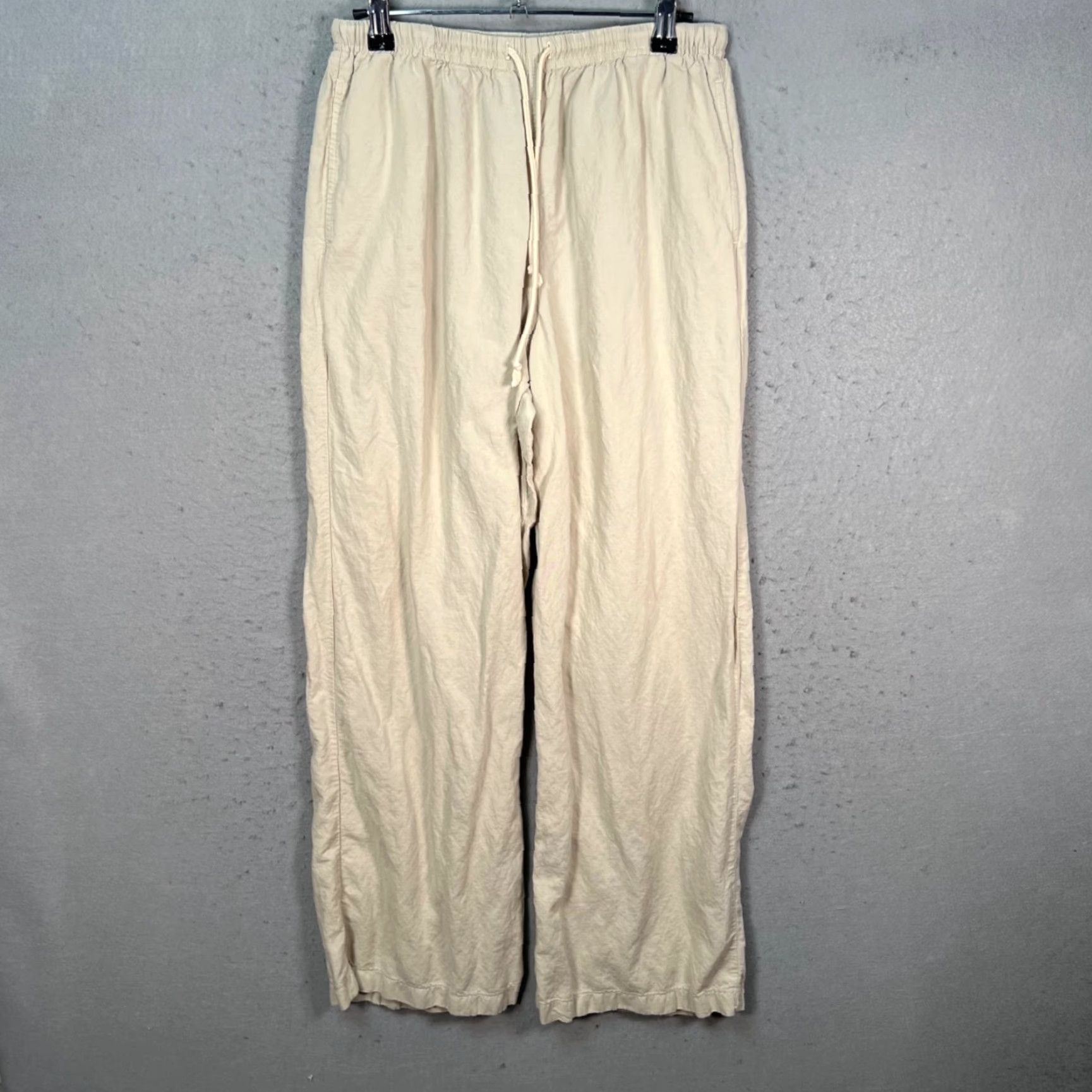 Uniqlo Uniqlo Womens Small Beige Linen Cotton Blend Elastic Waist Wide-Leg Pants 26-27 Inseam 28 Polyester Free Size 28" / US 6 / IT 42 - 2 Thumbnail