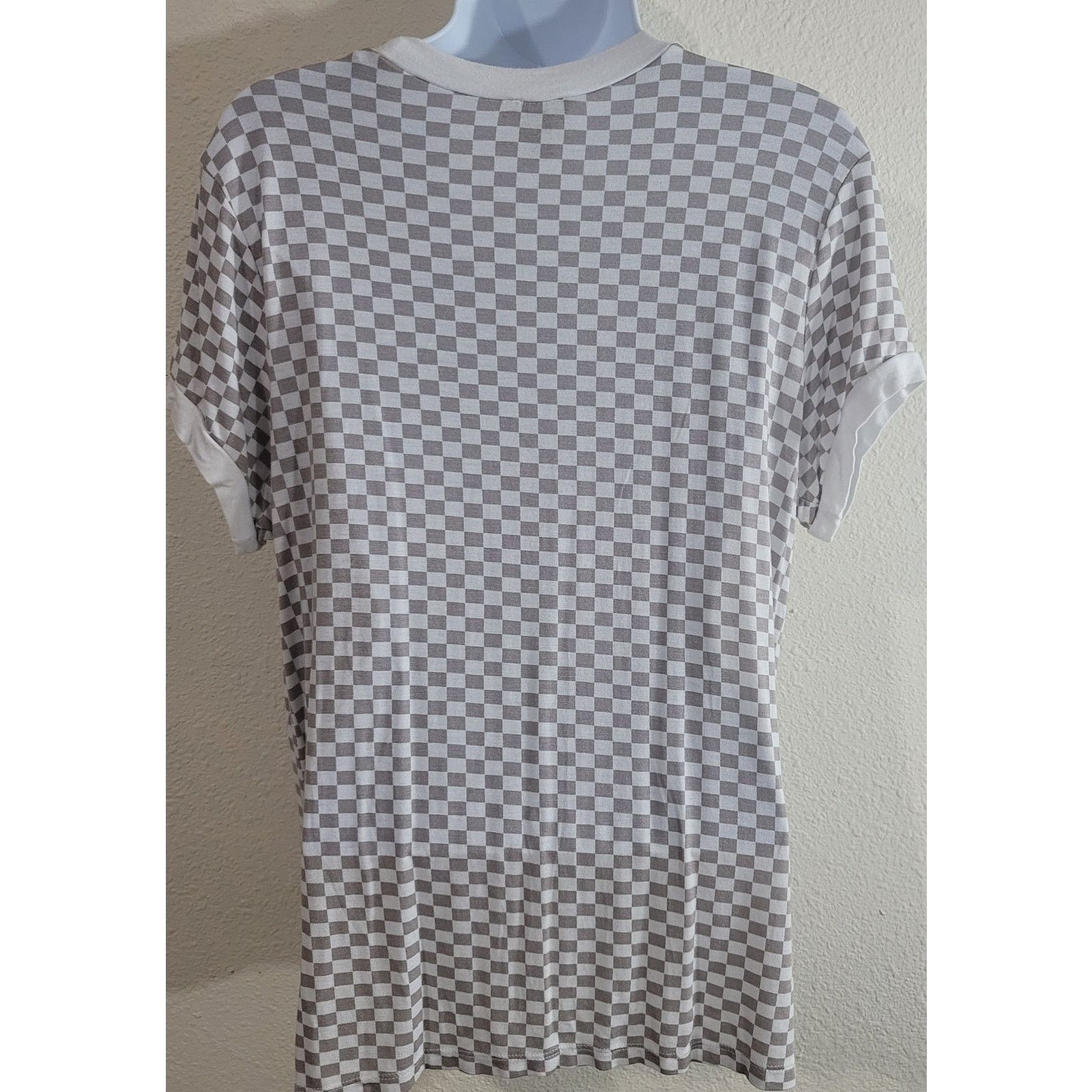 Other Justify Tan White Checkered Women's Top Large Short Sleeves Size L / US 10 / IT 46 - 3 Thumbnail
