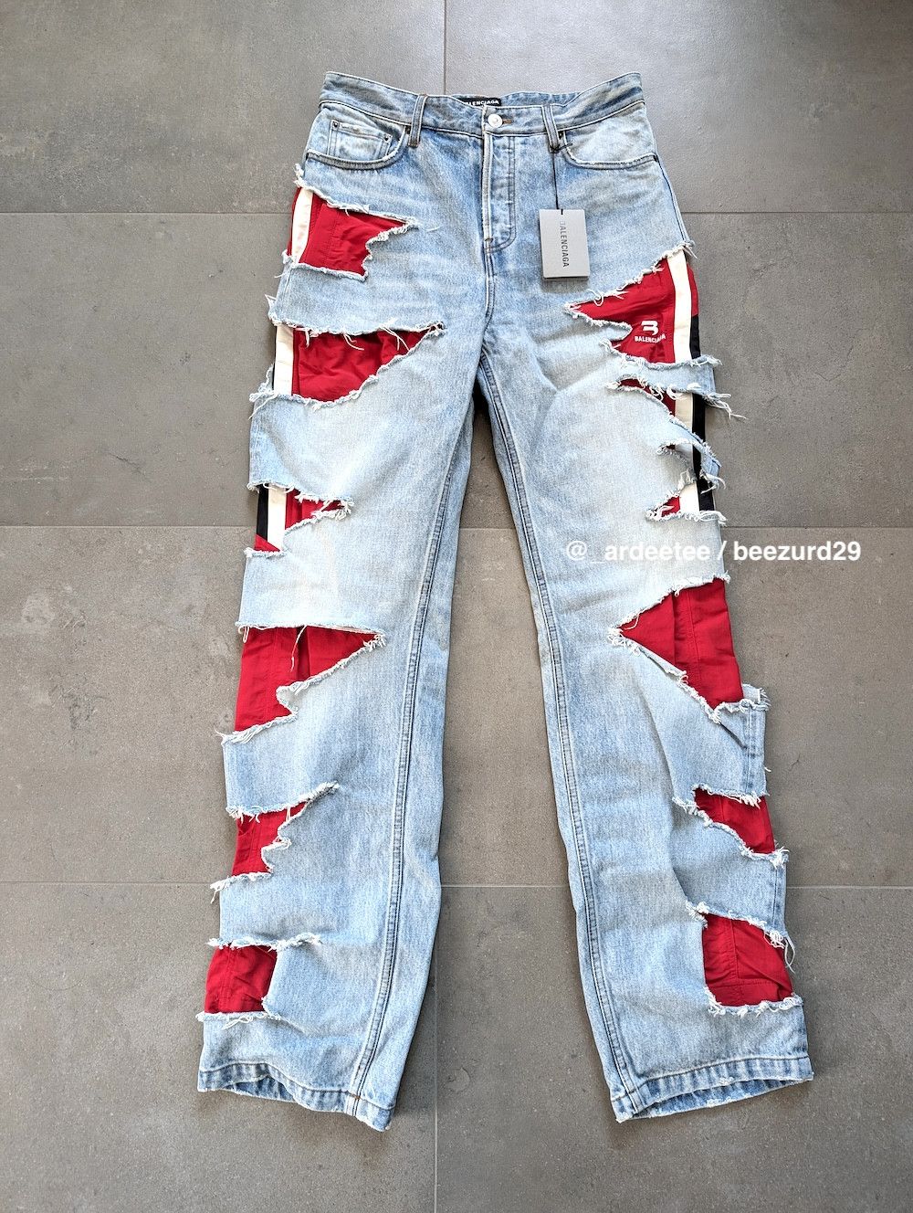 Pre-owned Balenciaga Nwt Slashed Denim/track Pants Hybrid Fw21 In Denim/red