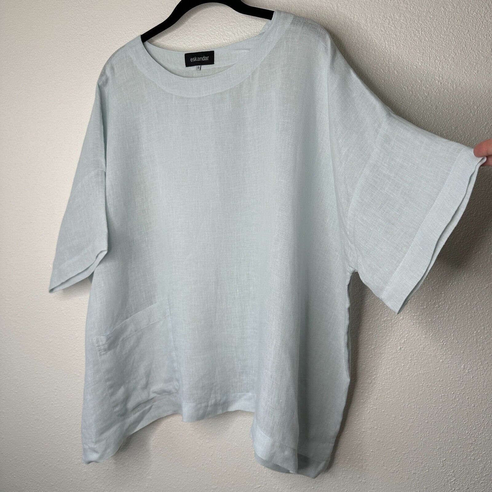 eskandar Eskandar Light Blue Linen Short Sleeve Front Pocket Blouse 6 Size M / US 6-8 / IT 42-44 - 3 Thumbnail