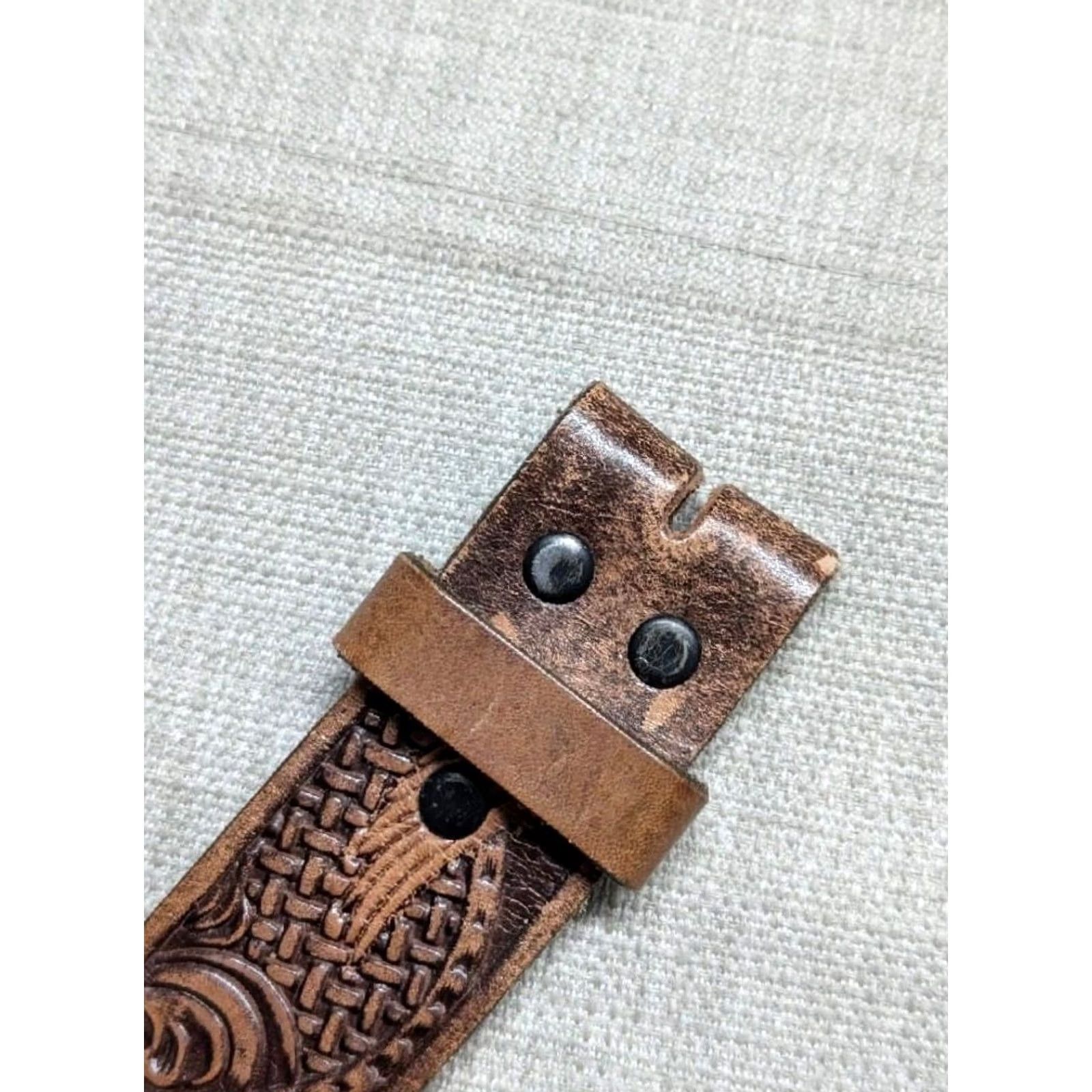 Vintage VINTAGE handcrafted western belt Tooled cowhide leather 40 America cowboy buckle snaps Harley brown Mens Belt 1-3/8" Western 40 Size 40 - 6 Thumbnail