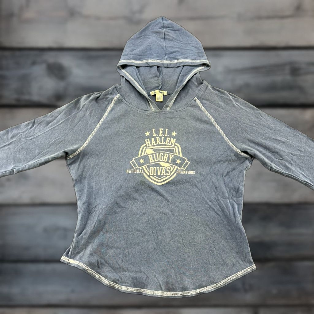 Vintage VINTAGE Lei Hoodie Womens L Blue Pullover Shirt Harlem Rugby Divas Top 90s Logo Hooded Pockets Casual Activewear - Mens Womens Girls Boys Size L / US 10 / IT 46 - 1 Thumbnail
