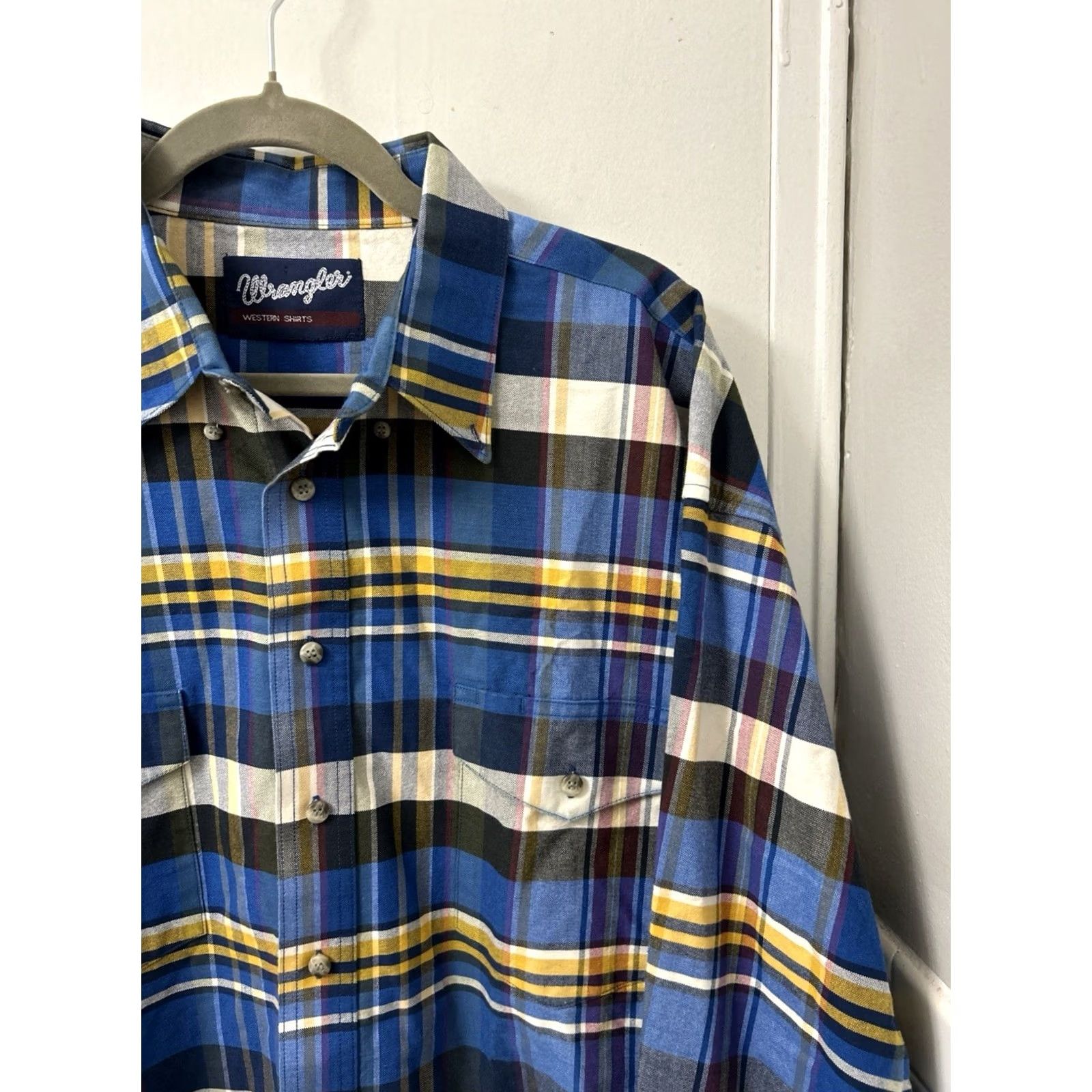 Wrangler VINTAGE Wrangler Western Shirt Mens 2XL Blue Yellow Oxford Plaid Button Down L/S Size US XXL / EU 58 / 5 - 4 Thumbnail