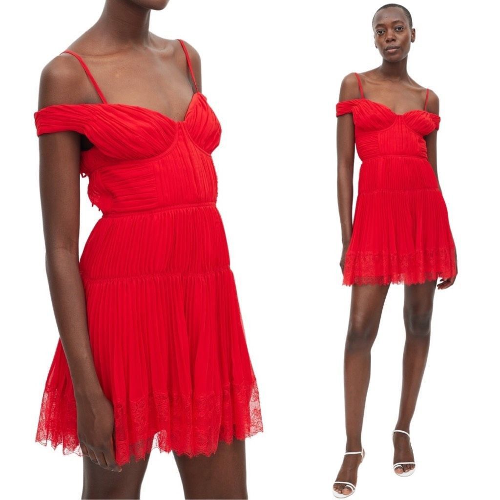 Self-Portrait NWT Self Portrait Dress Pleated Off Shoulder Lace Red Mini D Size S / US 4 / IT 40 - 12 Thumbnail