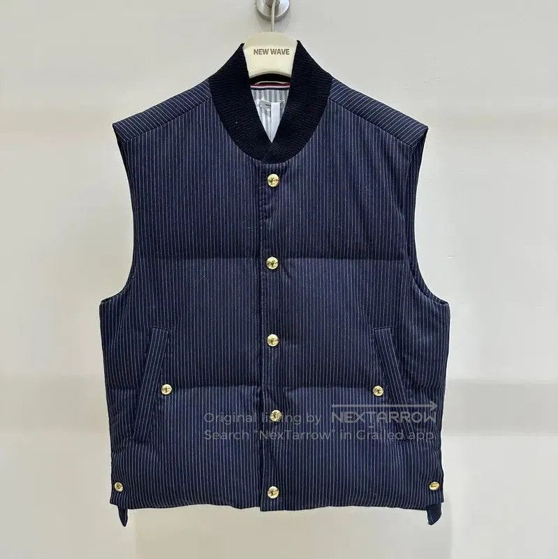 Thom Browne Men's Navy Striped Puffer Vest .