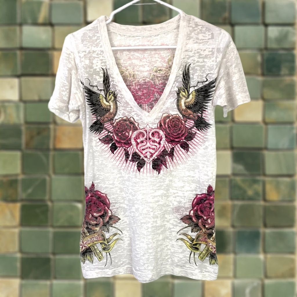 Affliction Sinful Y2K Womens Shirt M Burnout Roses Birds Graphic Grunge White Cotton Blend Size M / US 6-8 / IT 42-44 - 1 Thumbnail