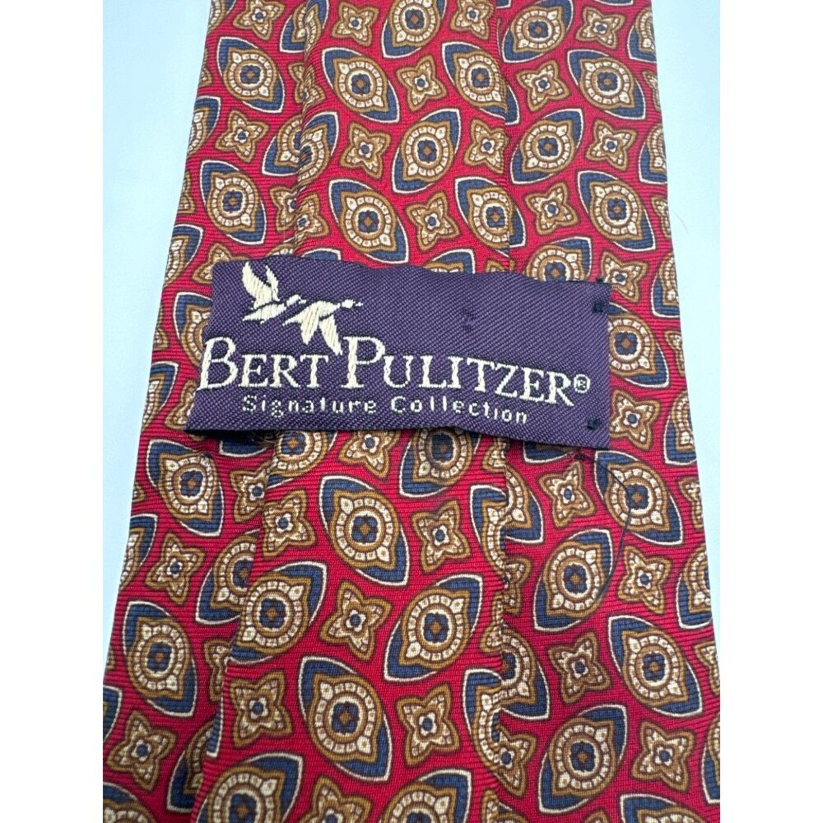 Bert Pulitzer Bert Pulitzer Signature Collection Mens Silk Tie Red & Gold Size ONE SIZE - 4 Thumbnail