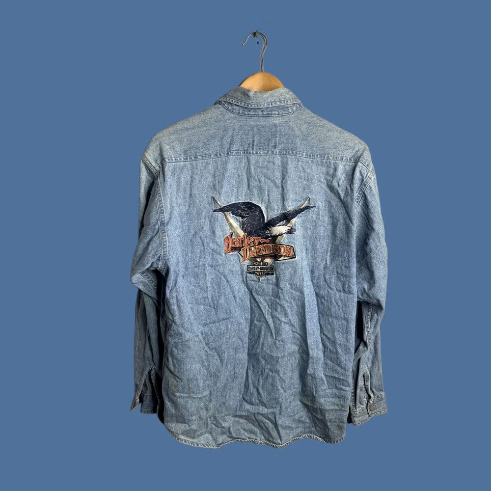 Harley Davidson VINTAGE Harley-Davidson Denim Shirt Mens Small Blue Eagle Embroidered Biker Shirt Size US S / EU 44-46 / 1 - 1 Thumbnail