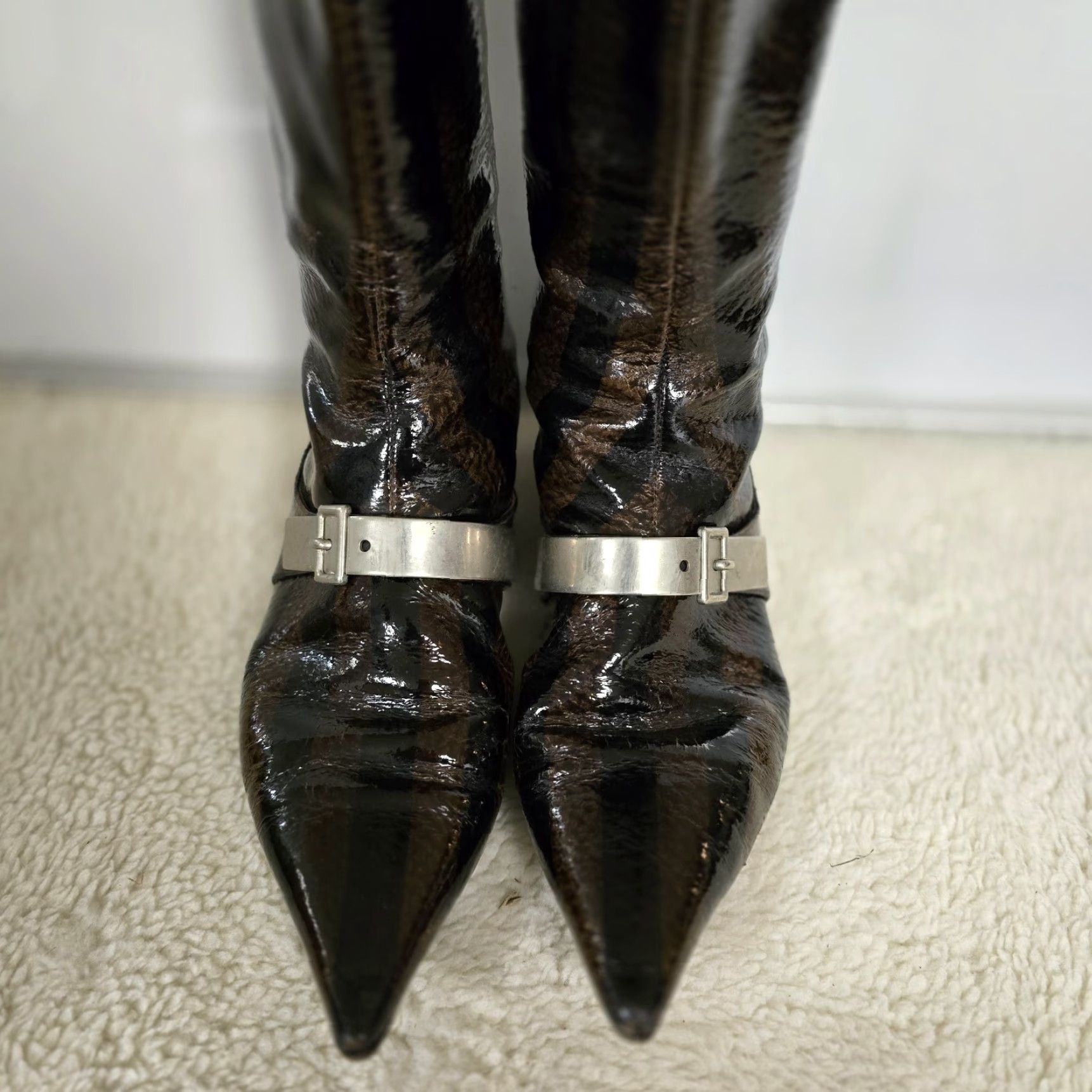 Emporio Armani VINTAGE Emporio Armani Striped Patent Leather Knee High Boots Silver Strap Black 37.5 US 8 Womens Italy Leather Size US 8 / IT 38 - 5 Thumbnail