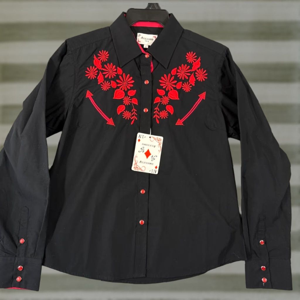Vintage Ace of Diamond Western Shirt Womens L Black Floral Embroidered Pearl Snap NWT Size L / US 10 / IT 46 - 1 Thumbnail