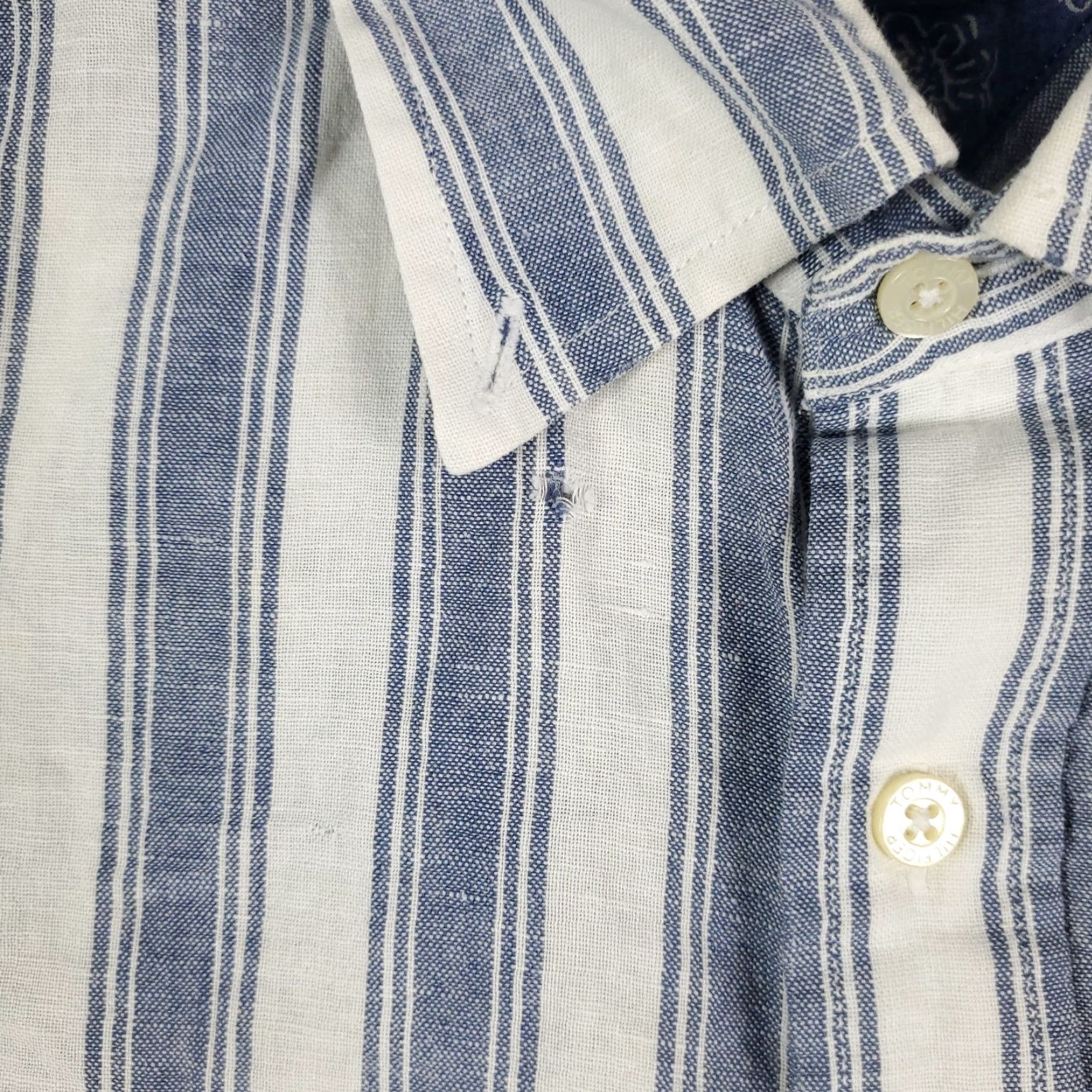 Tommy Hilfiger VINTAGE Tommy Hilfiger Shirt Mens Medium Blue Striped Button-Up Short Sleeve STAINED - Cotton, Classic, Preppy, TH Logo, 90s Era Mens Shirt Size US M / EU 48-50 / 2 - 3 Thumbnail