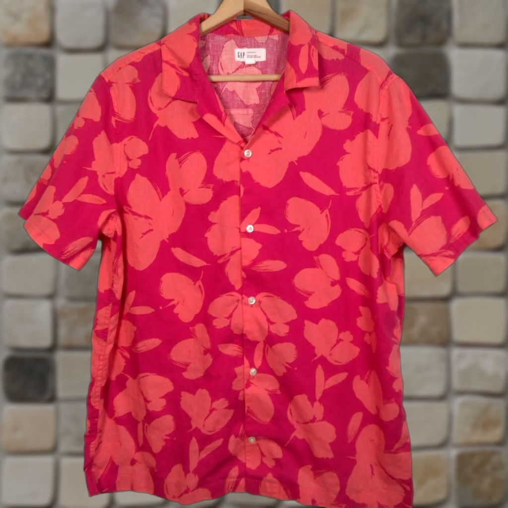 Gap VINTAGE Gap Linen Blend Shirt Men Large Pink Salmon Tropical Floral Beach Surf Vacation Casual Mens Size US L / EU 52-54 / 3 - 1 Thumbnail
