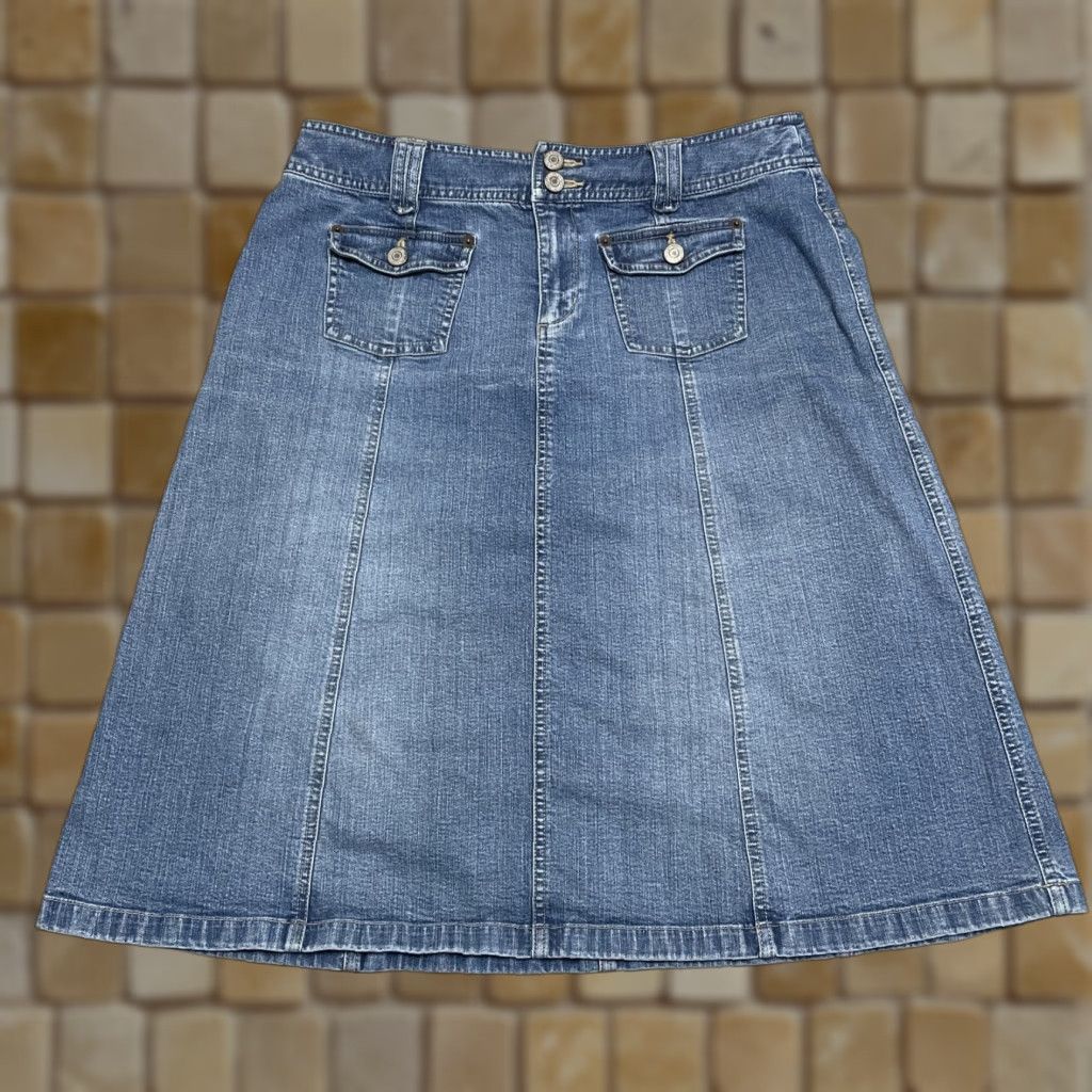 Vintage VINTAGE Style&co Women's Denim Midi Skirt Cotton Blend A-Line 12 Blue Pockets Size 34" / US 12 / IT 48 - 1 Thumbnail
