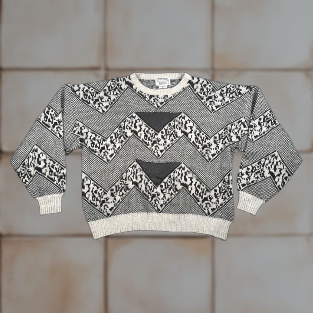 Vintage VINTAGE Giani Leone Sweater Adult 2XL Black White Acrylic Geometric Leather 80s Shirt Mens Size US XXL / EU 58 / 5 - 1 Thumbnail