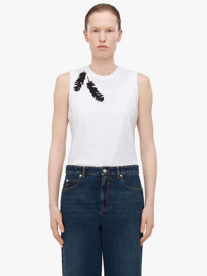 Alexander McQueen o1srvl11e0326 Feather Embroidery Tank Top in Optical White Size XL / US 12-14 / IT 48-50 - 3 Thumbnail