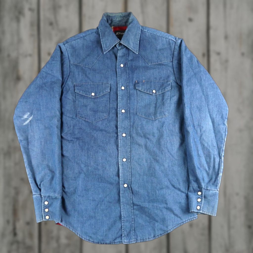 JCPenney VINTAGE JC Penney Denim Pearl Snap Western Shirt S Adult Small Blue Cotton Lined 80s Western Mens Size US S / EU 44-46 / 1 - 1 Thumbnail