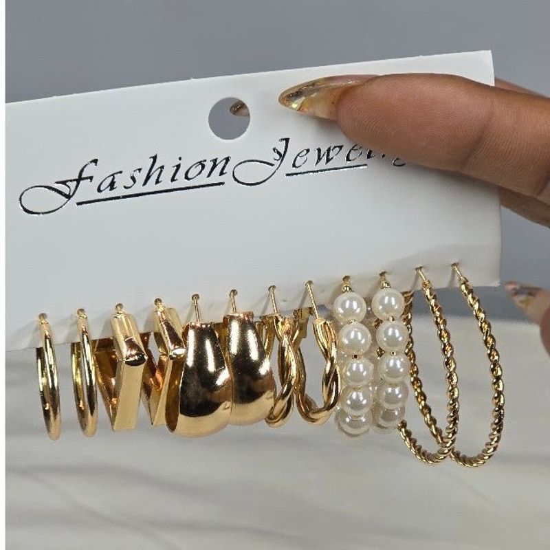 Other 6 Pair Fashion Jewelry Earring Set Gold Hoops Pearls Styles Size ONE SIZE - 3 Thumbnail