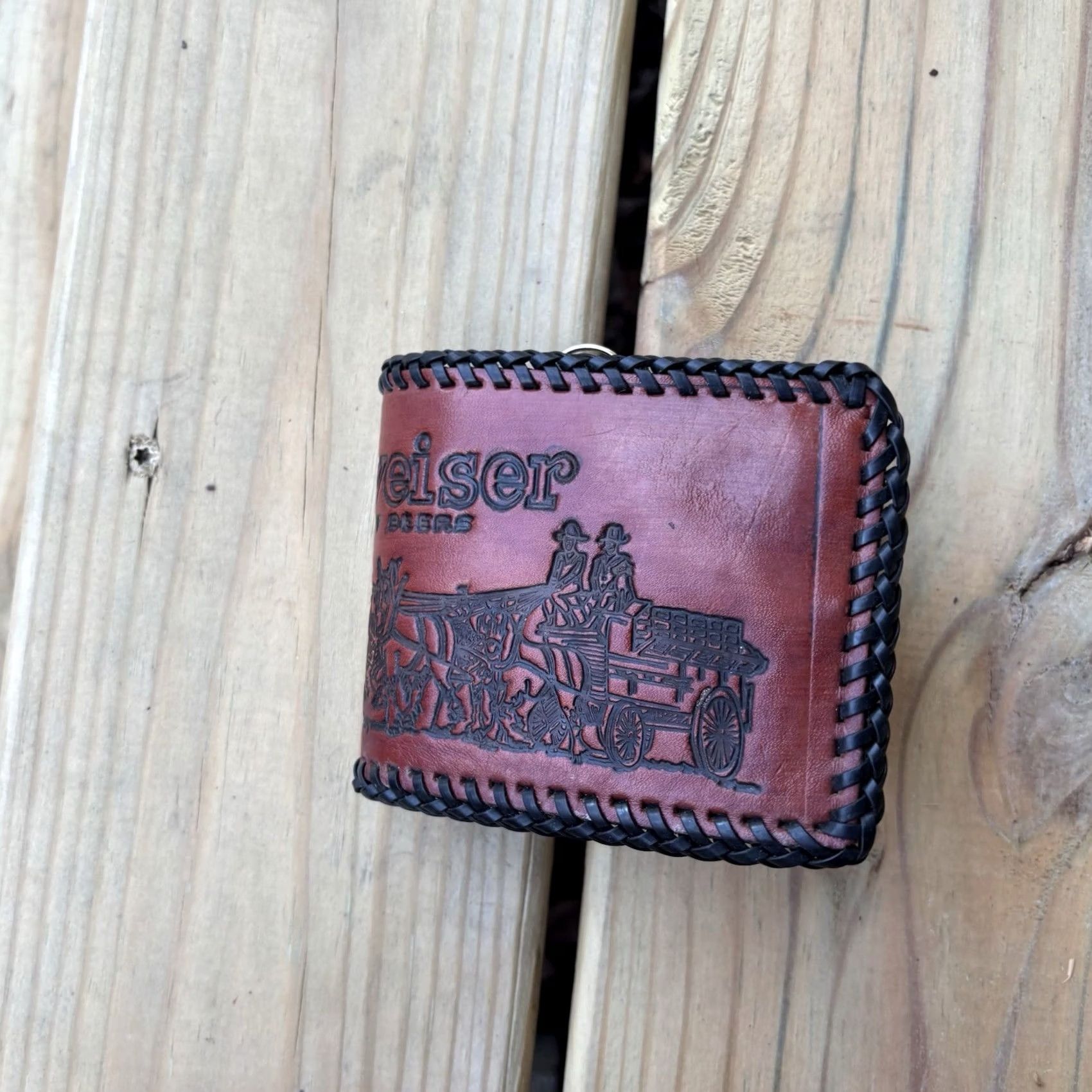 Budweiser VINTAGE Leather Wallet Bifold Whipstitch Hand Tooled Budweiser Genuine Western Cowboy Beer Wallet Mens Brown Leather Folding Size ONE SIZE - 3 Thumbnail