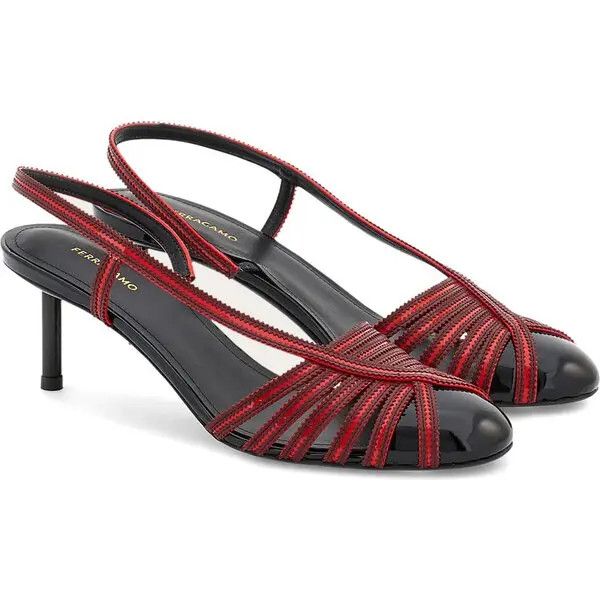 Salvatore Ferragamo o1s1rm0126 Edyna Slingback Kitten Heel Pumps in Red/Black Size US 7 / IT 37 - 5 Thumbnail