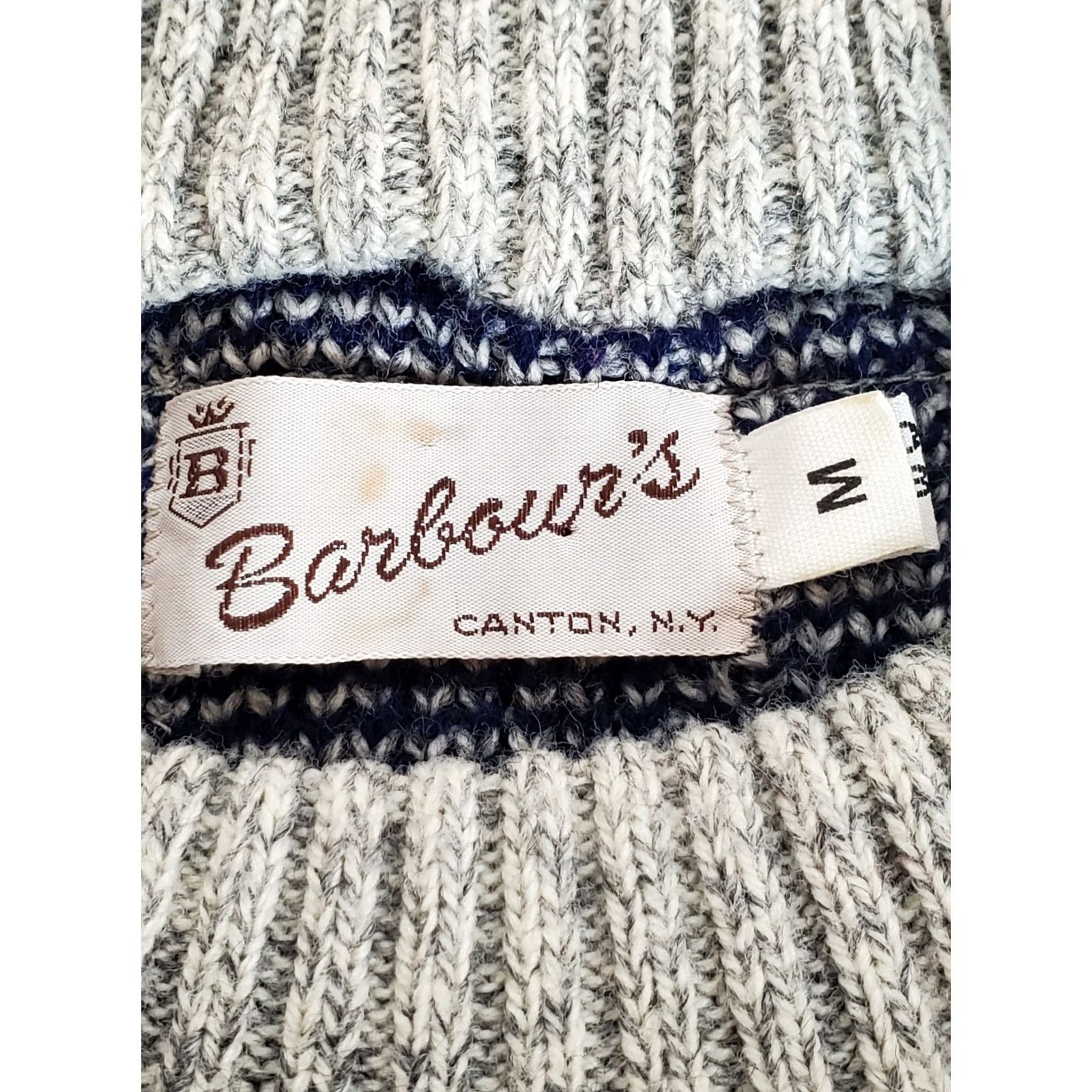 Barbour VTG Barbour's Canton NY Heavyweight Crew Neck Sweater Heather Gray Navy Men's M Boardroom Casual Christmas 70s 80s Cable Knit Pullover Size US M / EU 48-50 / 2 - 3 Thumbnail