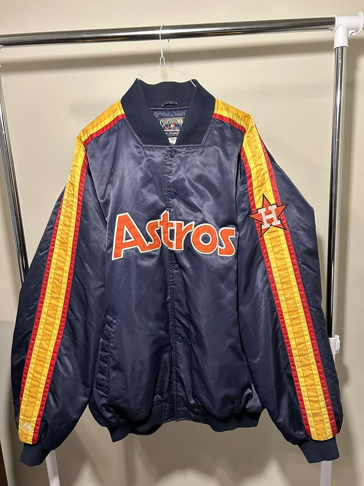 image of Houston Astros Vintage Button Up in Navy Orange, Men's (Size 2XL)