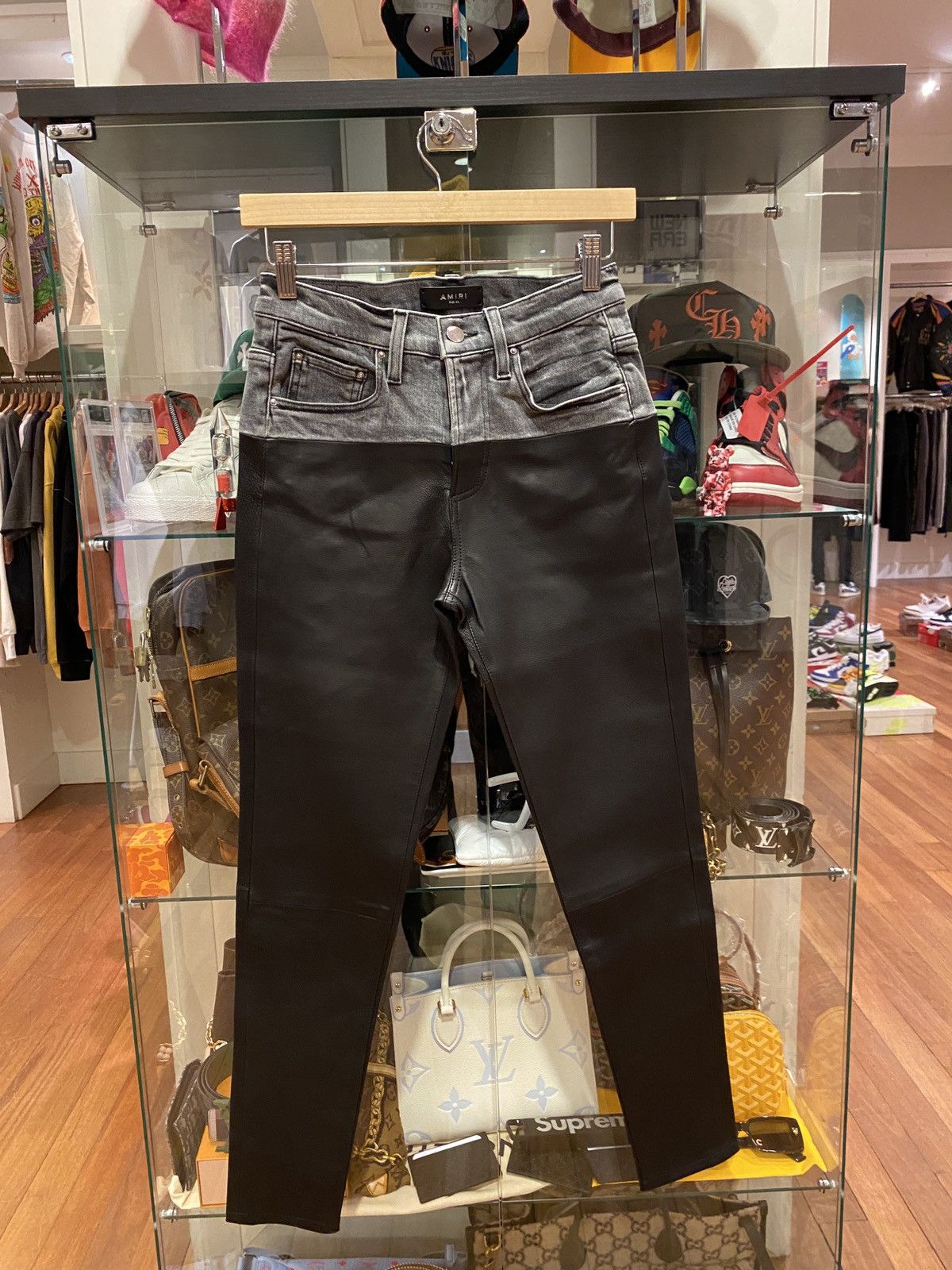 image of Amiri Hybrid Leather Jeans 26 in Black, Men's