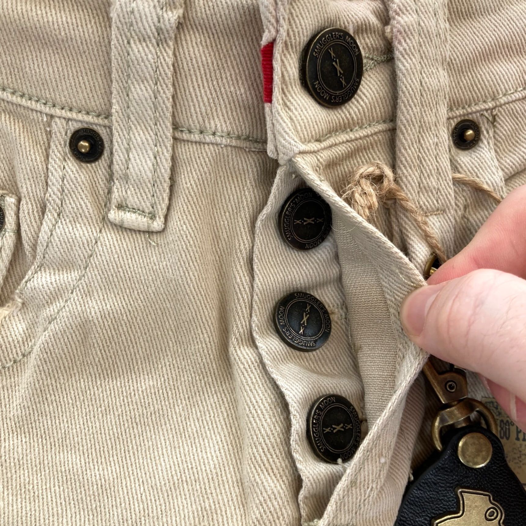 Denime Smugglers Moon Jeans Mens 28x31 Khaki Beige Denim Button Fly Roll Up Distressed Slim Jeans Men Size US 28 / EU 44 - 7 Thumbnail