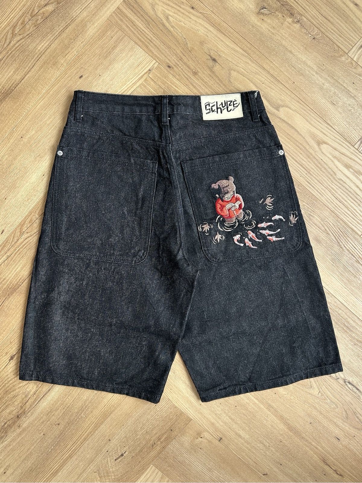 Derschutze Koi Fish Black Raw Denim Shorts Jorts