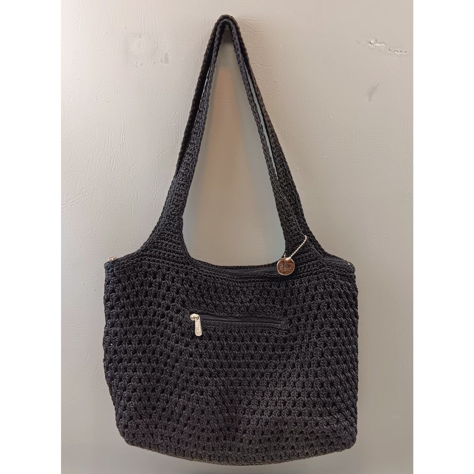 The Sak The Sak Crochet Handbag Black Purse Top Handle Bag Medium 12in x 10in Zip Lined Inner Pockets Double Handles Silver Hardware Womens Size ONE SIZE - 2 Thumbnail