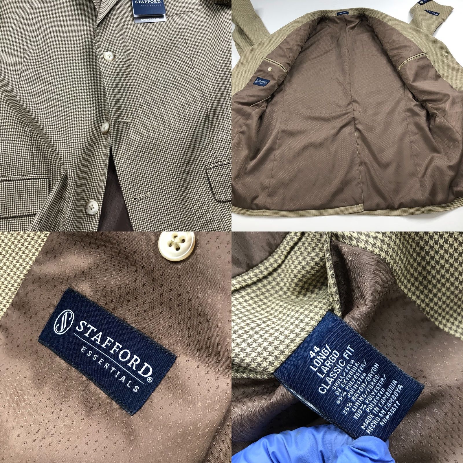 Stafford Stafford Essentials NEW 44 Long Blazer Sport Coat Jacket Houndstooth Brown Beige Men Size 44R - 9 Thumbnail