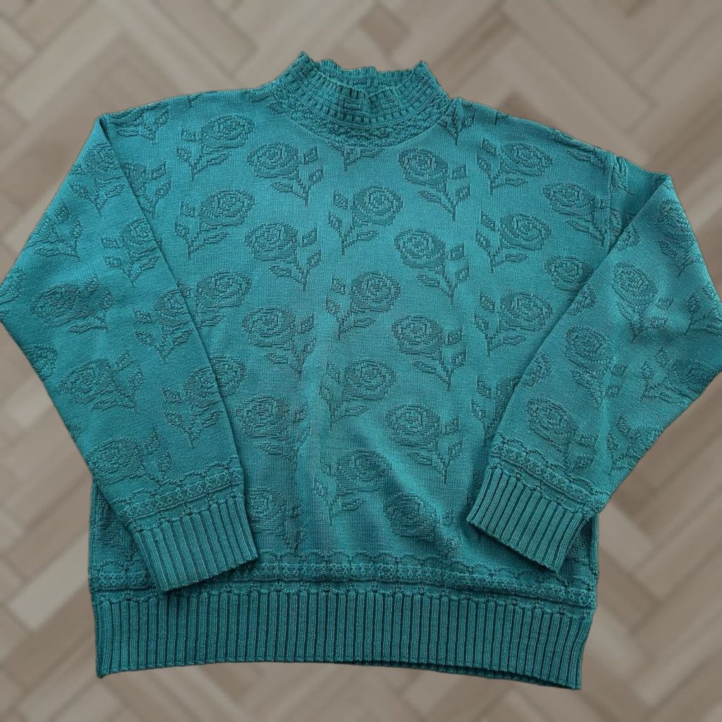 Vintage VINTAGE Kenneth Too Floral Knit Mock Neck Sweater Women's M Teal USA Size M / US 6-8 / IT 42-44 - 1 Thumbnail