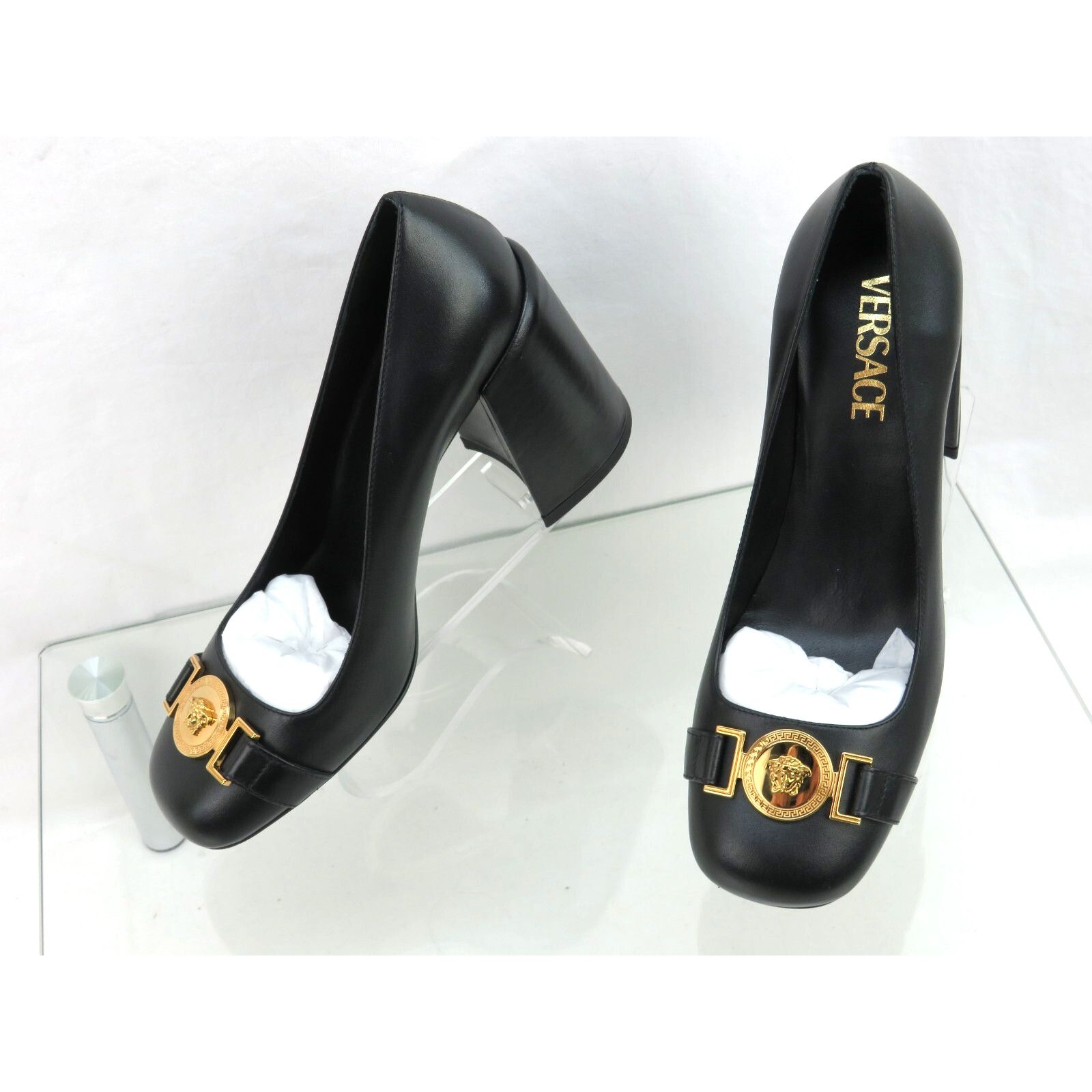 Versace VERSACE BLACK LEATHER GOLD MEDUSA HEAD LOGO HEEL PUMPS 37 7 Size US 7 / IT 37 - 7 Thumbnail