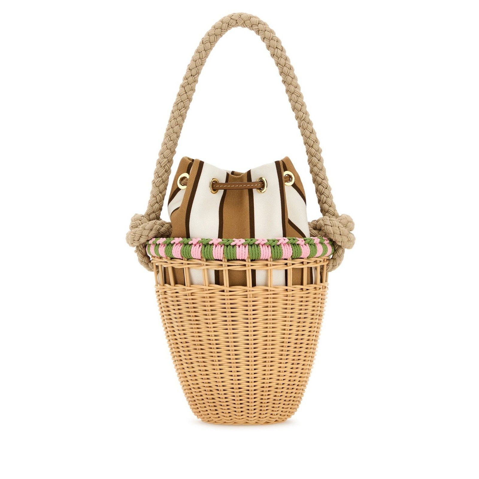 Prada PRADA Mini Basket Pink Striped Beige Brown Wicker Shopper Sh Size ONE SIZE - 3 Thumbnail