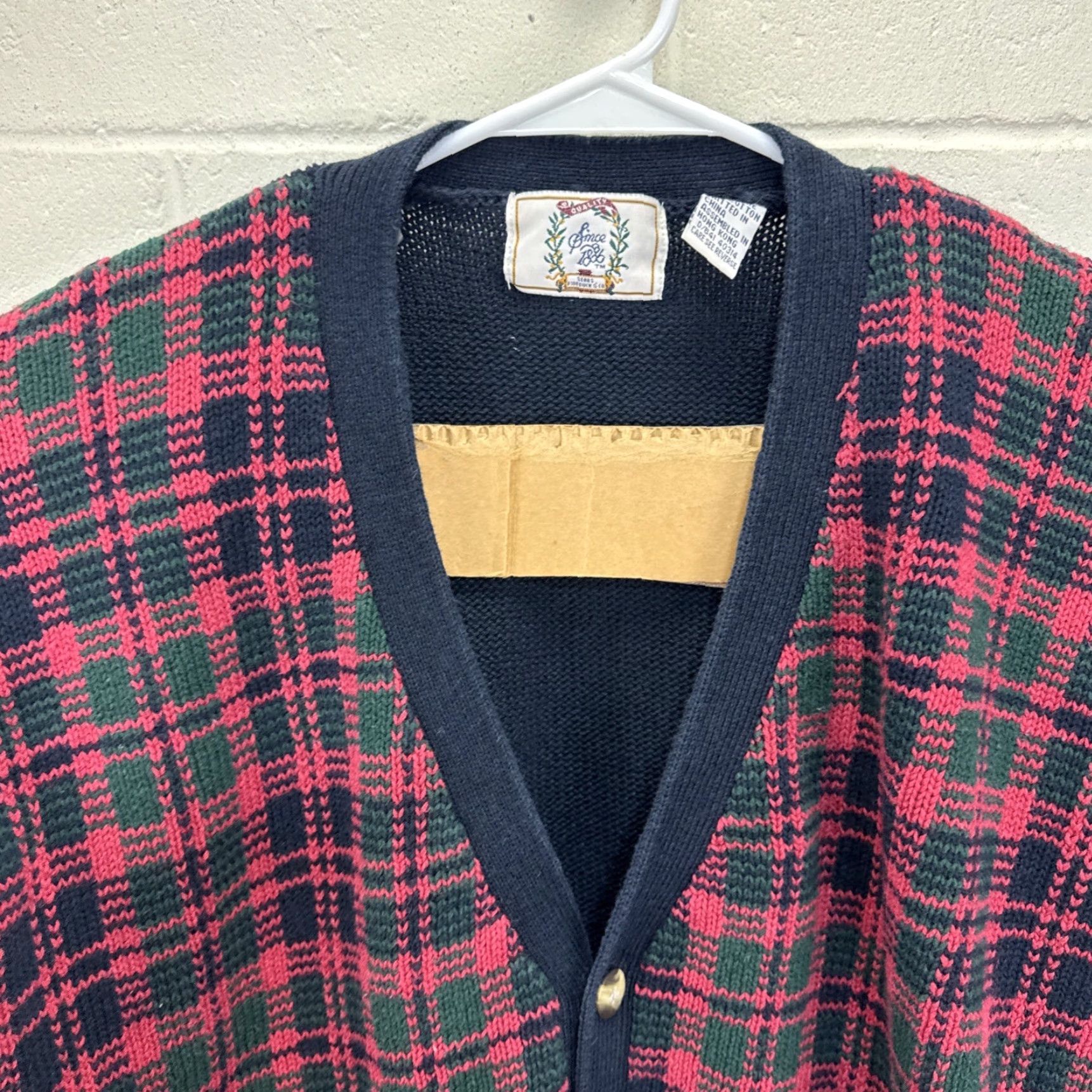 Sears VINTAGE SEARS Cardigan Sweater Geometric Plaid Tartan Knit RAmie Cotton Button XL Pockets 80s Mens Streetwear, Grandpa, Preppy, 80s, Workwear Size US XL / EU 56 / 4 - 4 Thumbnail